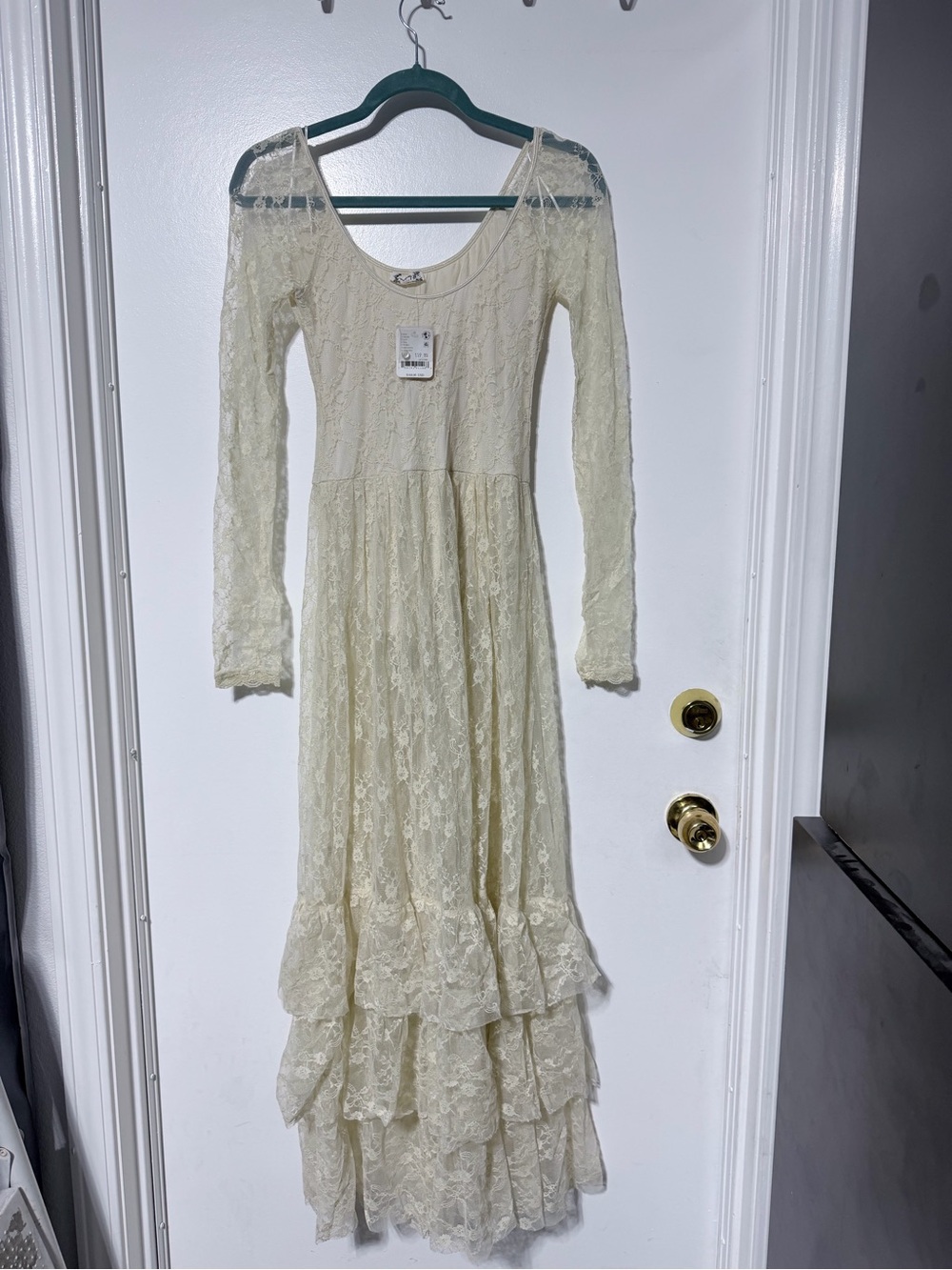 Free People Cream Lace Long Sleeve Tiered Maxi Dress